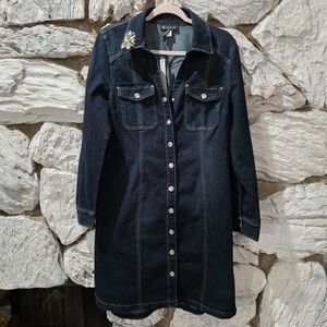 INC Denim Blue Dress Long Sleeve Duster Buttons Jeweled Womens SZ 12 Y2K Style